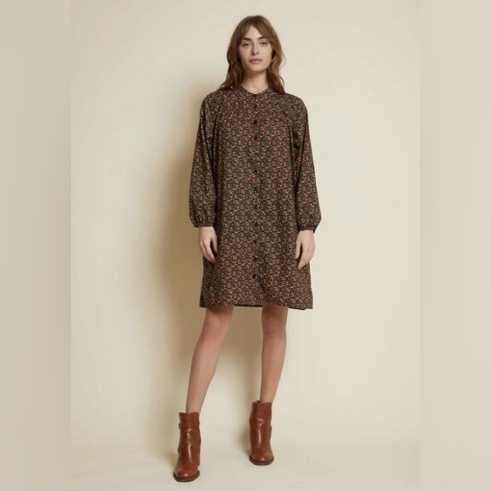 Nation LTD Black Floral Full-Button Front Long Sleeve Pima Cotton Shirt Dress‎